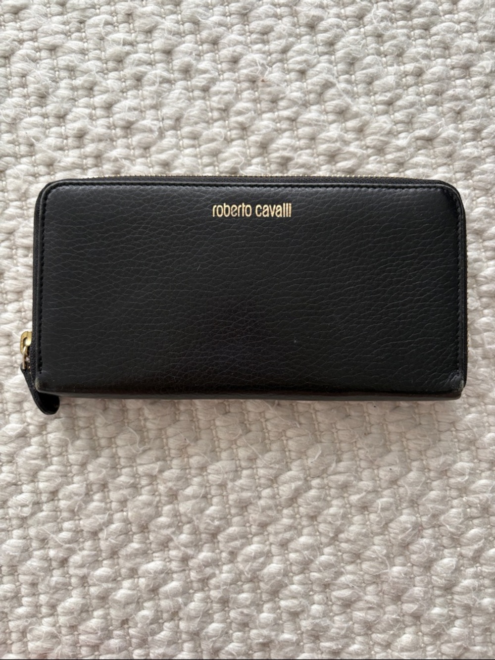 Roberto Cavalli Black Leather Zip Wallet with Gold Logo